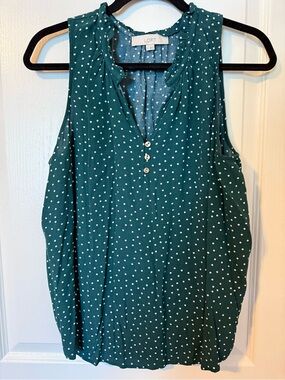 LOFT Dark Green Polka Dot Ruffle-Trim Sleeveless Top